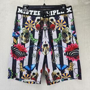 Mister Triple X Swim Shorts Mens Small Skull Flowers Striped Boardshorts AOP